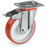 Injection polyurethane wheels, polyamide 6 centre, swivel top plate bracket type NL with front lock