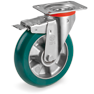 "TR Roll" polyurethane wheels with ergonomic round profile, aluminium centre, swivel standard-duty bracket (NL) with brake