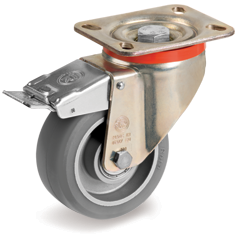 Ruote in poliuretano ESD "TR Roll", resistenza elettrica <10^9 Ohm, supporto rotante piastra P con freno anteriore