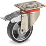 Ruote in poliuretano ESD "TR", resistenza elettrica <10^9 Ohm, supporto rotante piastra P con freno anteriore