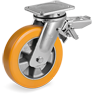 "TR" polyurethane wheels high thickness, aluminium centre, swivel top plate bracket EE MHD with brake