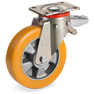 "TR" polyurethane wheels high thickness, aluminium centre, swivel top plate bracket P with brake