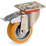 "TR" polyurethane wheels high thickness, aluminium centre, swivel top plate bracket P with brake