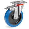 Non-marking blu elastic rubber wheels, polyamide 6 centre, swivel top plate bracket type NL with front lock