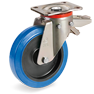 Non-marking blu elastic rubber wheels, polyamide 6 centre, swivel top plate bracket type P with rear lock