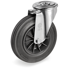 Standard rubber wheels, polypropylene centre, swivel bracket type NL with bolt hole