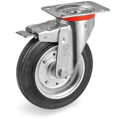 Antistatic rubber wheels, pressed steel discs, swivel top plate bracket type NL with front lock