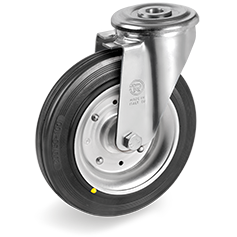 Standard rubber wheels, pressed steel discs, swivel bracket with bolt hole type NL