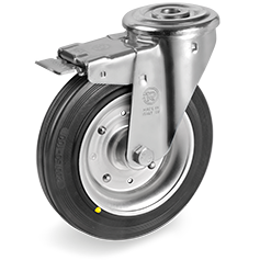 Standard rubber wheels, pressed steel discs, swivel bracket with bolt hole type NL with front lock