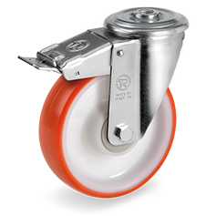 Injection polyurethane wheels, polyamide 6 centre, swivel bracket with bolt hole type NL with front lock