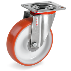 Injection polyurethane wheels, polyamide 6 centre, swivel top plate bracket type NLX