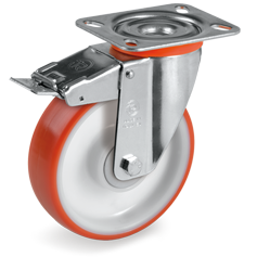 Injection polyurethane wheels, polyamide 6 centre, swivel top plate bracket type NL with front lock