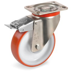 Injection polyurethane wheels, polyamide 6 centre, swivel top plate bracket type NL with front lock