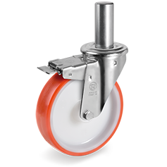 Injection polyurethane wheels, polyamide 6 centre, swivel castor with stem NL with front lock