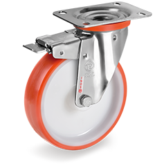 Injection polyurethane wheels, polyamide 6 centre, swivel top plate bracket type NLX with front lock