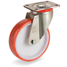 Injection polyurethane wheels, polyamide 6 centre, swivel top plate bracket type P