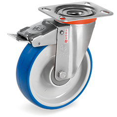 Injection polyurethane wheels, polyamide 6 centre, swivel top plate bracket type NLX with front lock