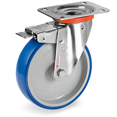 Injection polyurethane wheels,polyamide 6 centre, swivel top plate bracket type NLX with front lock