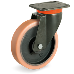 Vulkollan® polyurethane wheels, cast iron centre, swivel top plate bracket type EP