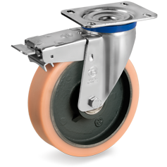 Vulkollan® polyurethane wheels, cast iron centre, swivel top plate bracket type M with front lock