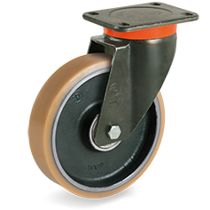 Vulkollan® polyurethane wheels, forged steel centre, swivel top plate bracket type EP