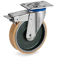 Vulkollan® polyurethane wheels, forged steel centre, swivel top plate bracket type M with front lock