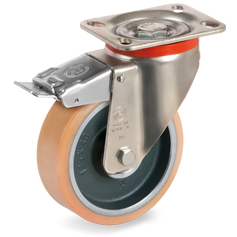 Vulkollan® polyurethane wheels, forged steel centre, swivel top plate bracket type P with front lock