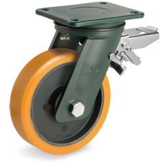 TR Polyurethane wheels, cast iron centre, swivel top plate bracket EE HD, rear adjustable brake