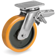 TR Polyurethane wheels, cast iron centre, swivel top plate bracket EE MHD, rear adjustable brake