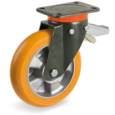  TR polyurethane wheels with ergonomic round profile, aluminium centre, swivel extra-heavy duty bracket (EP) with lock