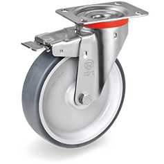 Thermoplastic rubber wheels, polypropylene centre, swivel top plate bracket type NL with front lock