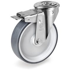 Thermoplastic rubber wheels, polypropylene centre, swivel bracket with bolt hole type NL with front lock