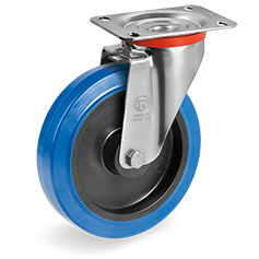 Non-marking blu elastic rubber wheels, polyamide 6 centre, swivel top plate bracket type NL