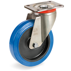 Non-marking blu elastic rubber wheels, polyamide 6 centre, swivel top plate bracket type P