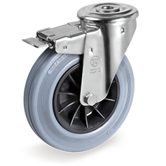 Non-marking rubber wheels, polypropylene centre, swivel bracket with bolt hole type NL with front lock