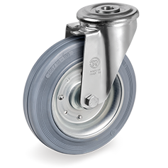 Non-marking rubber wheels, pressed steel discs, swivel bracket with bolt hole type NL