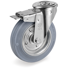 Non-marking rubber wheels, pressed steel discs, swivel bracket with bolt hole type NL with front lock