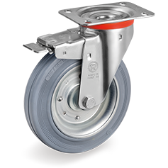 Non-marking rubber wheels, pressed steel discs, swivel top plate bracket type NL with front lock