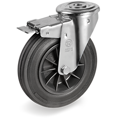 Standard rubber wheels, polypropylene centre, swivel bracket type NL with bolt hole and front lock