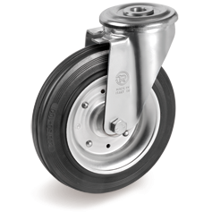 Standard rubber wheels, pressed steel discs, swivel bracket with bolt hole type NL