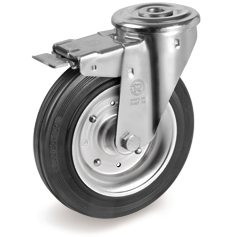 Standard rubber wheels, pressed steel discs, swivel bracket with bolt hole type NL with front lock