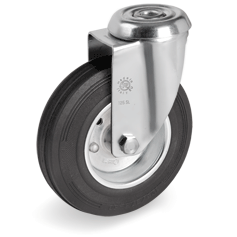 Standard rubber wheels, pressed steel discs, swivel bracket with bolt hole type SL