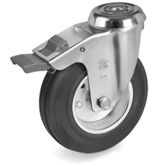 Standard rubber wheels, pressed steel discs, swivel bracket with bolt hole type SL with front lock