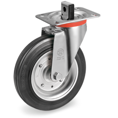 Standard rubber wheels, pressed steel discs, swivel top plate bracket type NL with central brake system