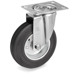 Standard rubber wheels, pressed steel discs, swivel top plate bracket type SL