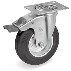 Standard rubber wheels, pressed steel discs, swivel top plate bracket type SL with front lock