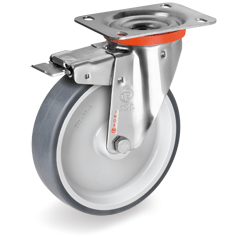 Thermoplastic rubber wheels, polypropylene centre, swivel top plate bracket type NLX with front lock