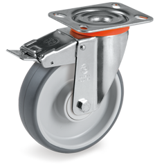 Thermoplastic rubber wheels, polypropylene centre, swivel top plate bracket type NL with front lock