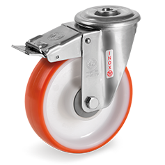 Injection polyurethane wheels, polyamide 6 centre, swivel bracket with bolt hole type NLX with front lock