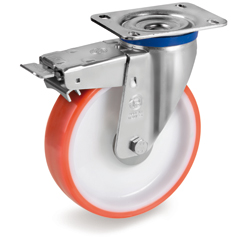 Injection polyurethane wheels, polyamide 6 centre, swivel top plate bracket type M with front lock